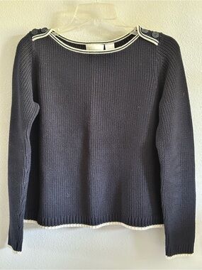 Classic Navy Boatneck Button-Shoulder Sweater size S oversized 100% cotton